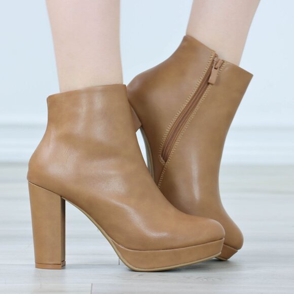 Womens Platform High Heeled Bootie Zip Up Tan Ankle Boots Block Heel - Picture 2 of 12